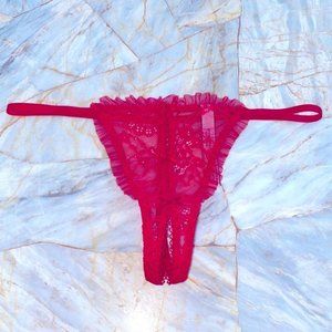 Victorias Secret Dream Angels Lace Ruffle‎ trim Crotchless V string Panty Red